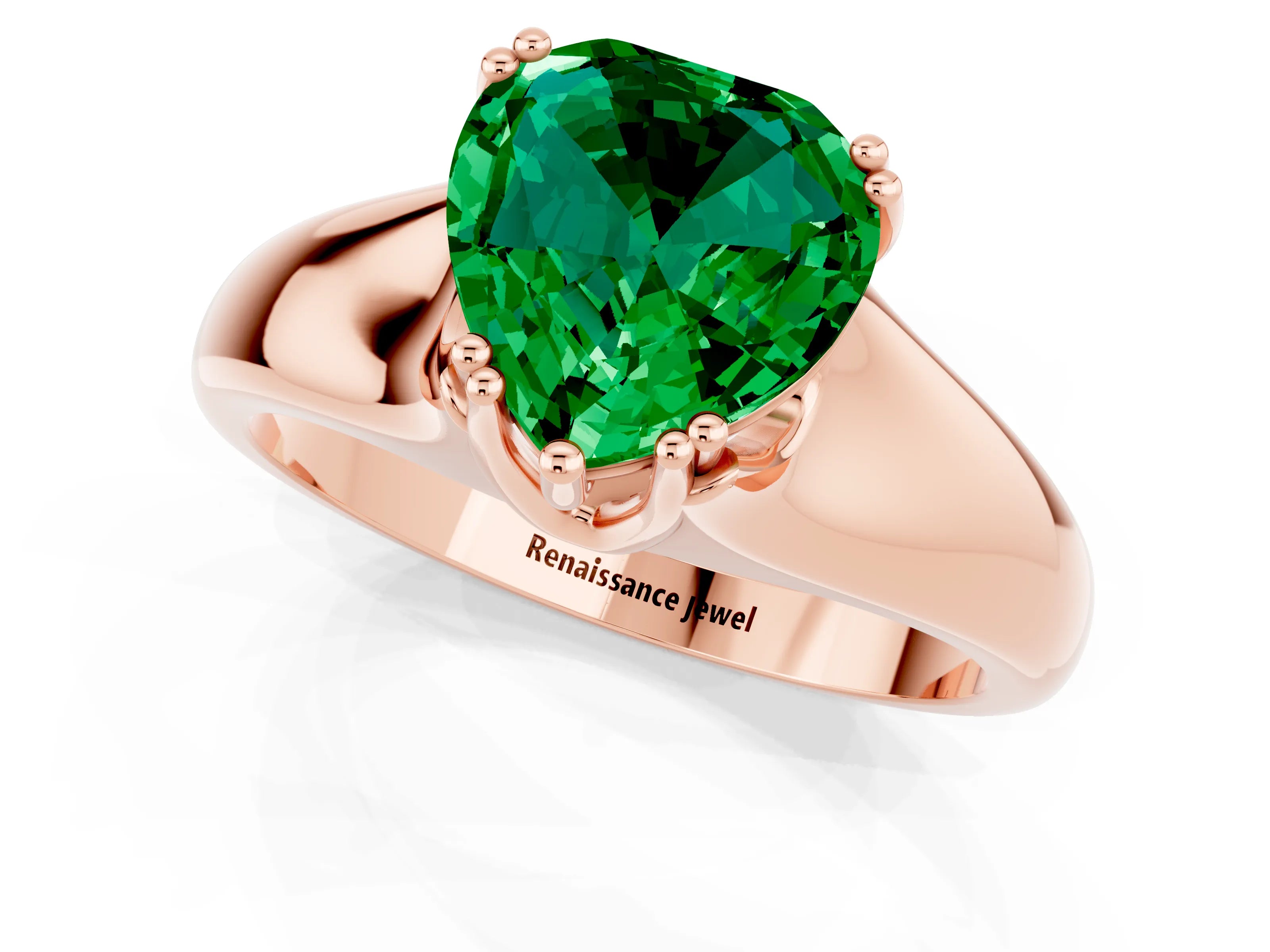 Rose gold Heart Cut Emerald Solitaire Ring with Wide Band and Prong Setting_1