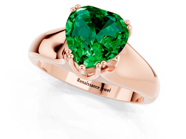 Rose gold Heart Cut Emerald Solitaire Ring with Wide Band and Prong Setting