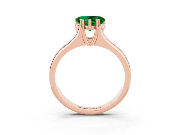Rose gold Heart Cut Emerald Solitaire Ring with Wide Band and Prong Setting
