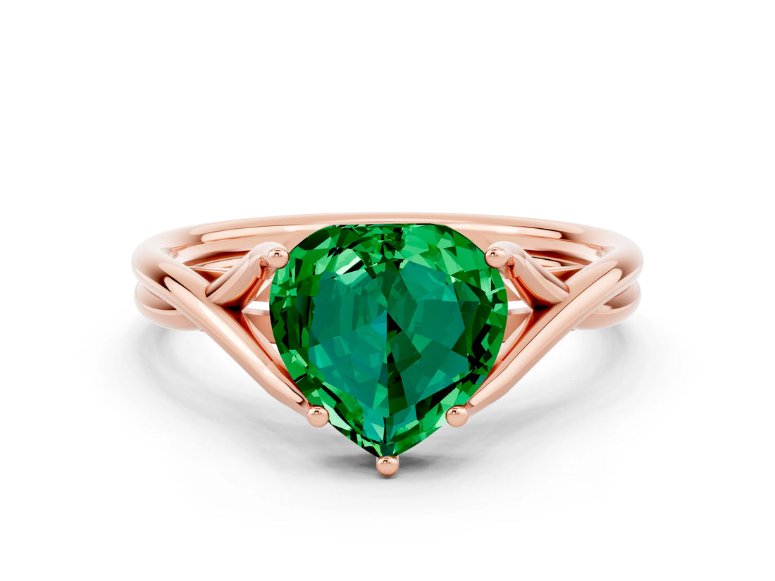 Rose gold Heart Cut Emerald Solitaire Twist Band Prong Setting Ring_36