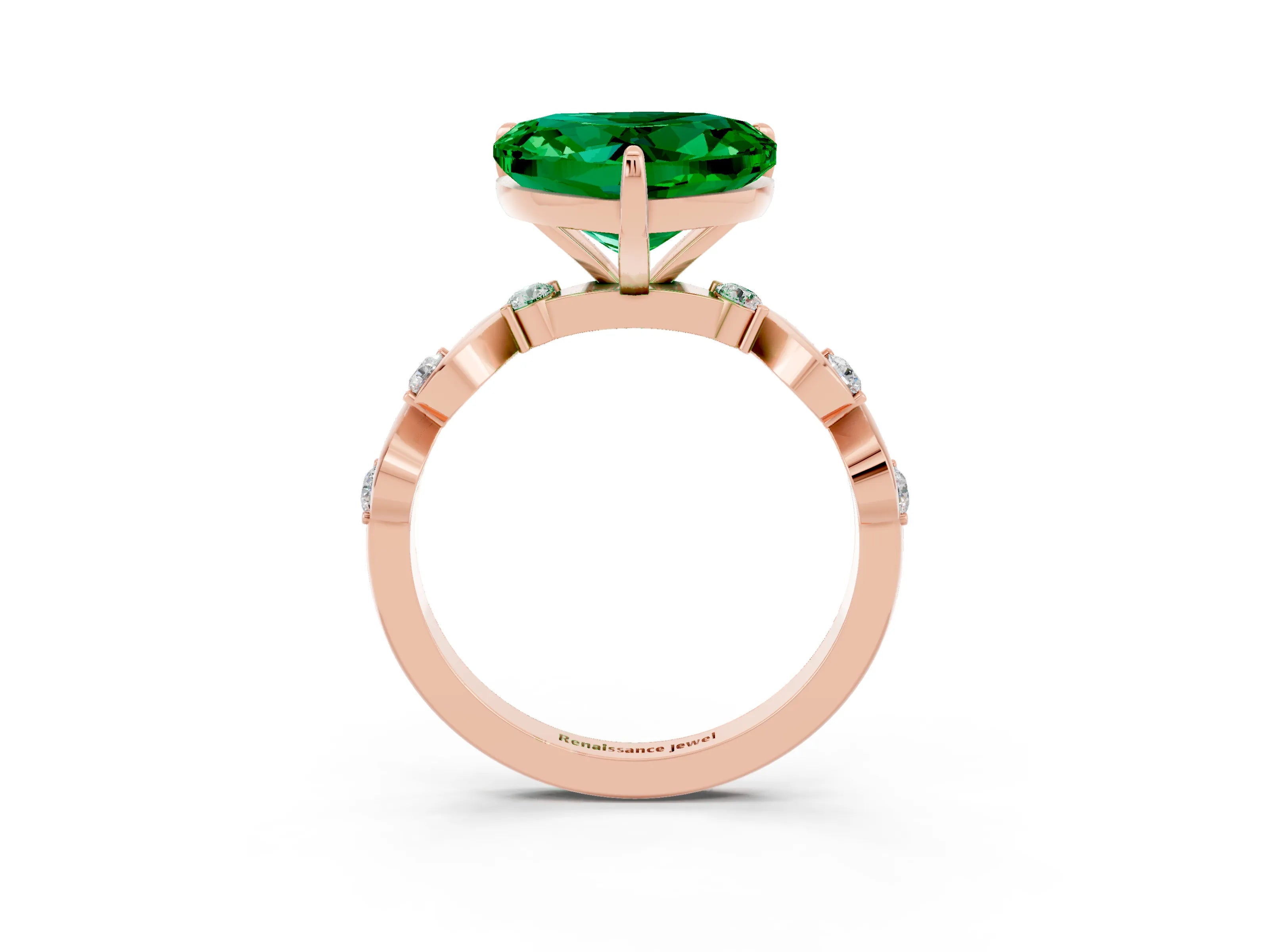 Rose gold Heart Cut Emerald Solitaire Twisted Band with Round  Accents and Prong Setting_15