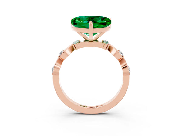 Rose gold Heart Cut Emerald Solitaire Twisted Band with Round  Accents and Prong Setting