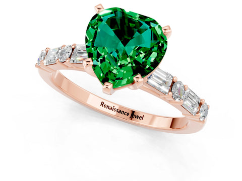 Rose gold Heart Cut Emerald Solitaire with Side Baguettes and Channel Set Band_1