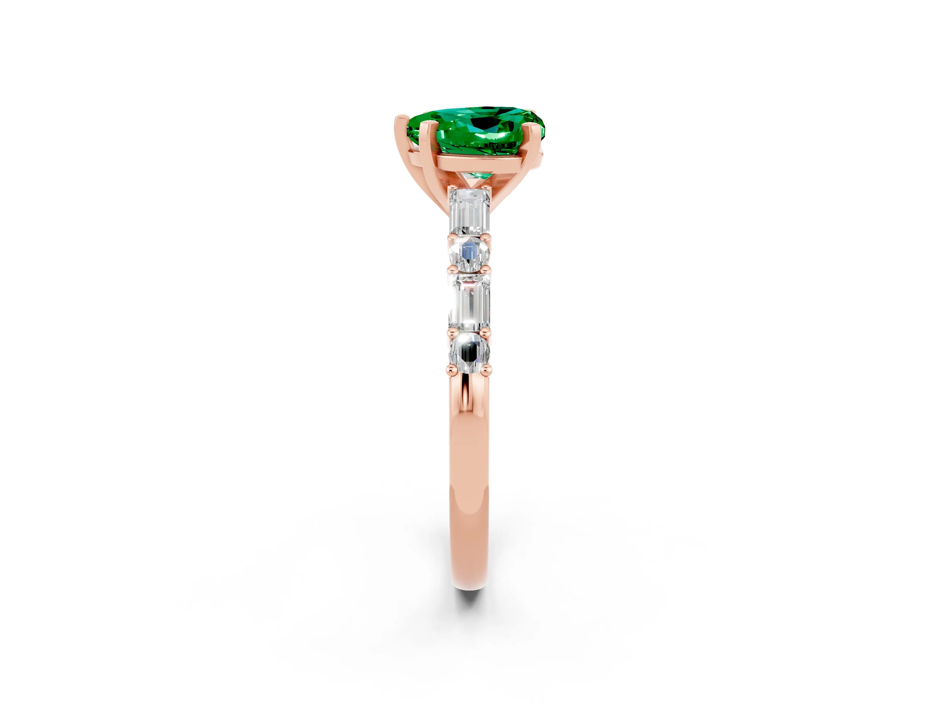 Rose gold Heart Cut Emerald Solitaire with Side Baguettes and Channel Set Band_2