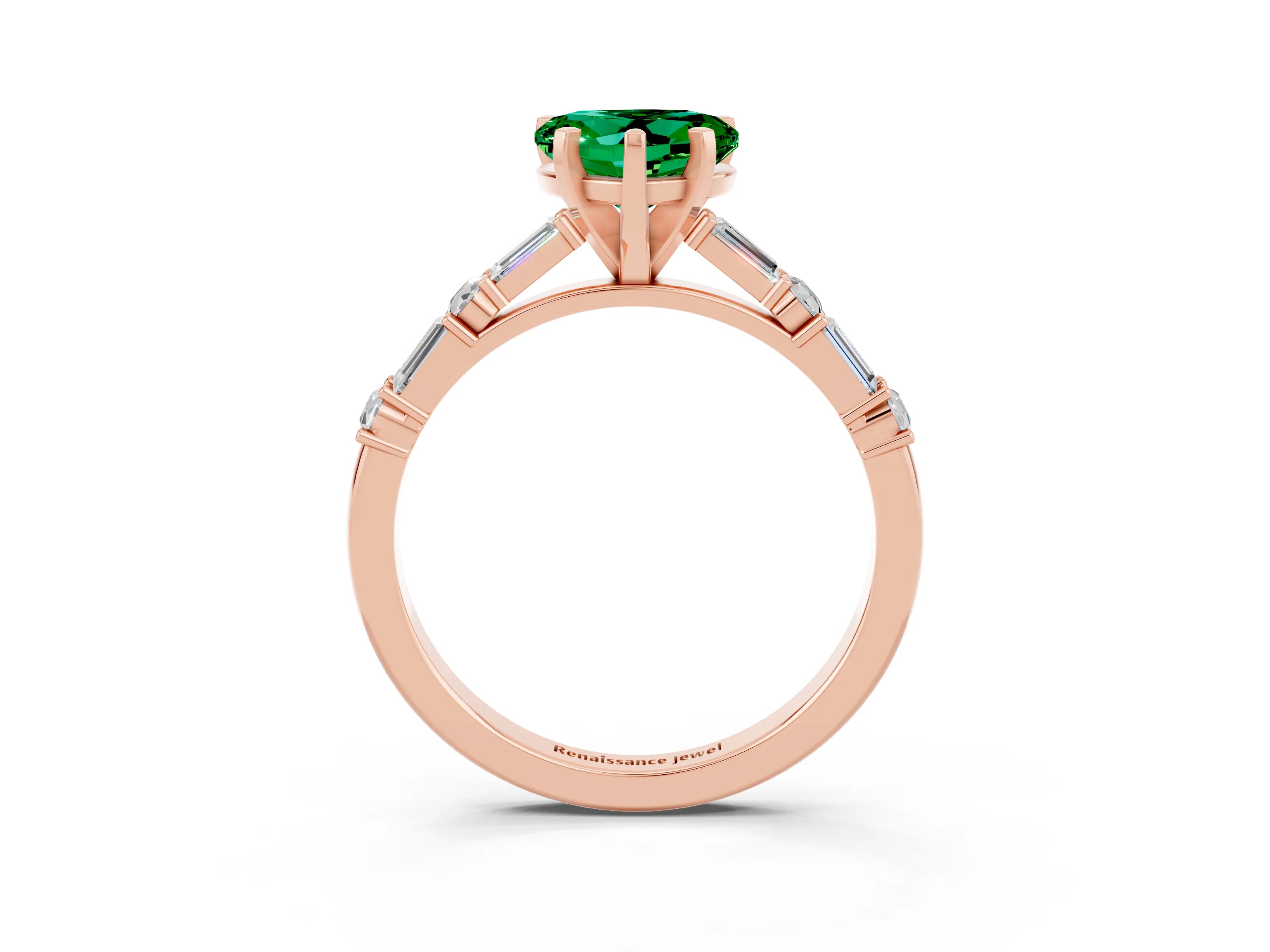 Rose gold Heart Cut Emerald Solitaire with Side Baguettes and Channel Set Band_3
