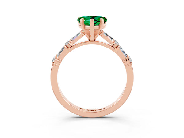Rose gold Heart Cut Emerald Solitaire with Side Baguettes and Channel Set Band
