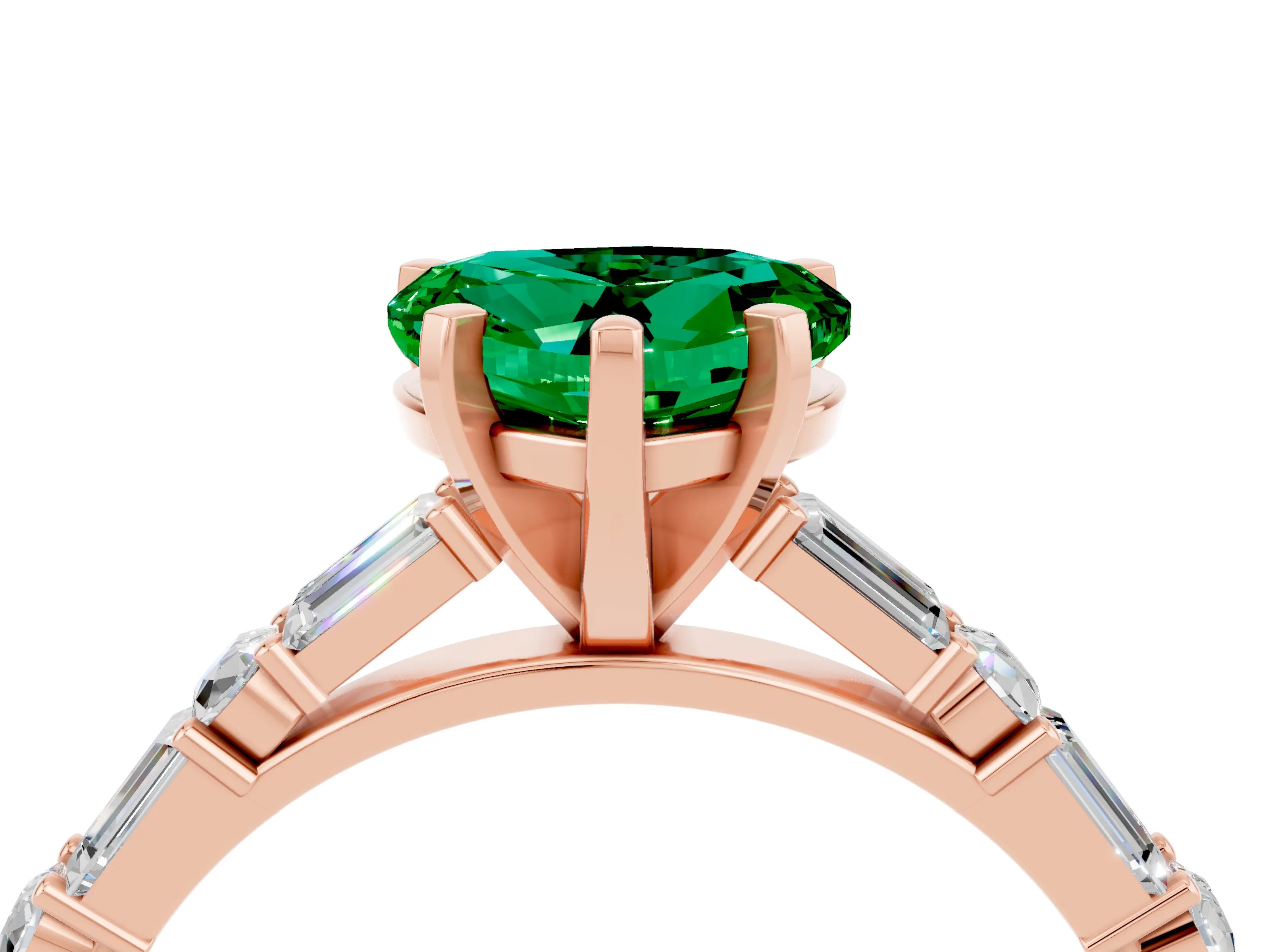Rose gold Heart Cut Emerald Solitaire with Side Baguettes and Channel Set Band_4