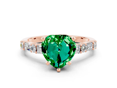 Rose gold Heart Cut Emerald Solitaire with Side Baguettes and Channel Set Band