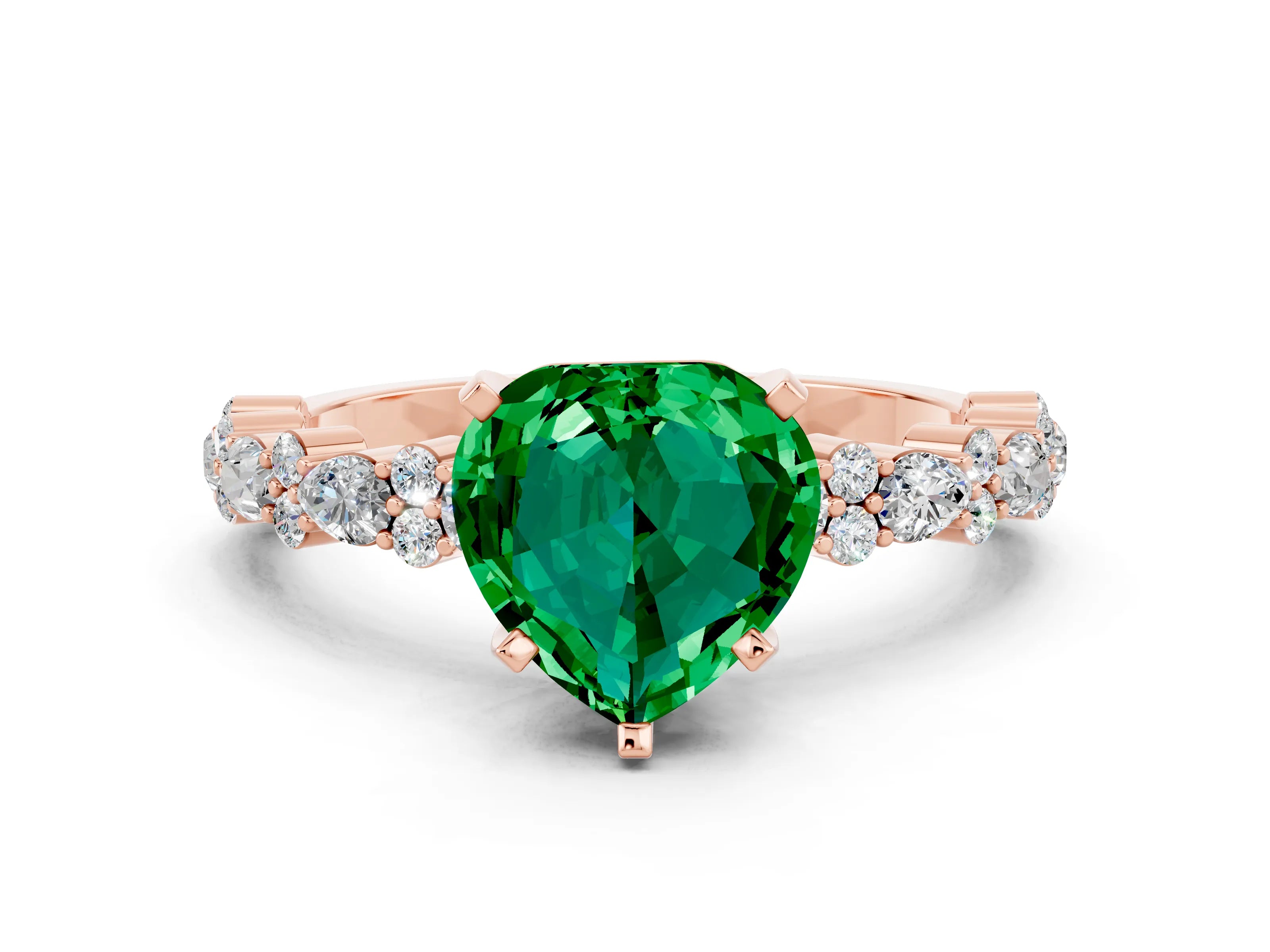 Rose gold Heart Cut Emerald Solitaire with Side Stones, Pave Band, Four-Prong Setting_24