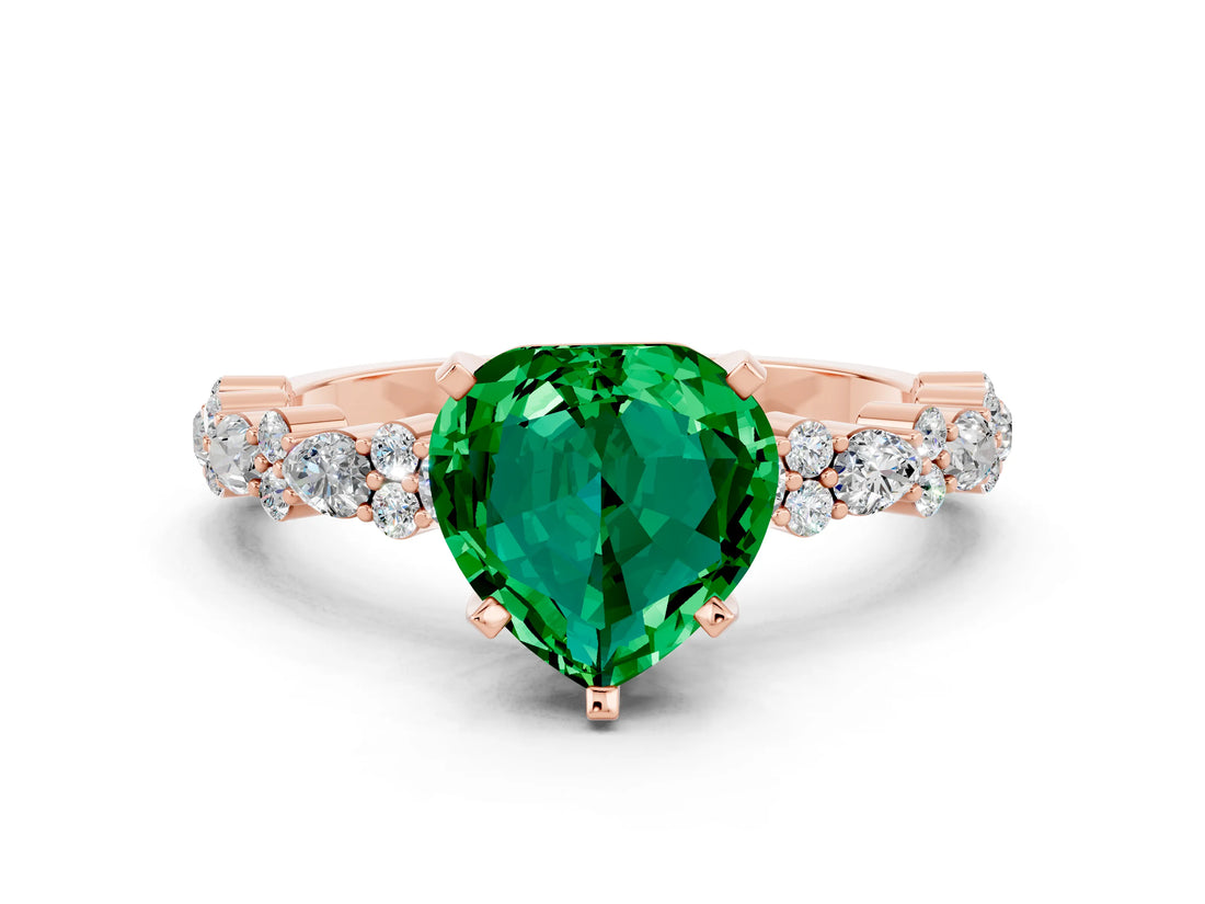 Rose gold Heart Cut Emerald Solitaire with Side Stones, Pave Band, Four-Prong Setting_24