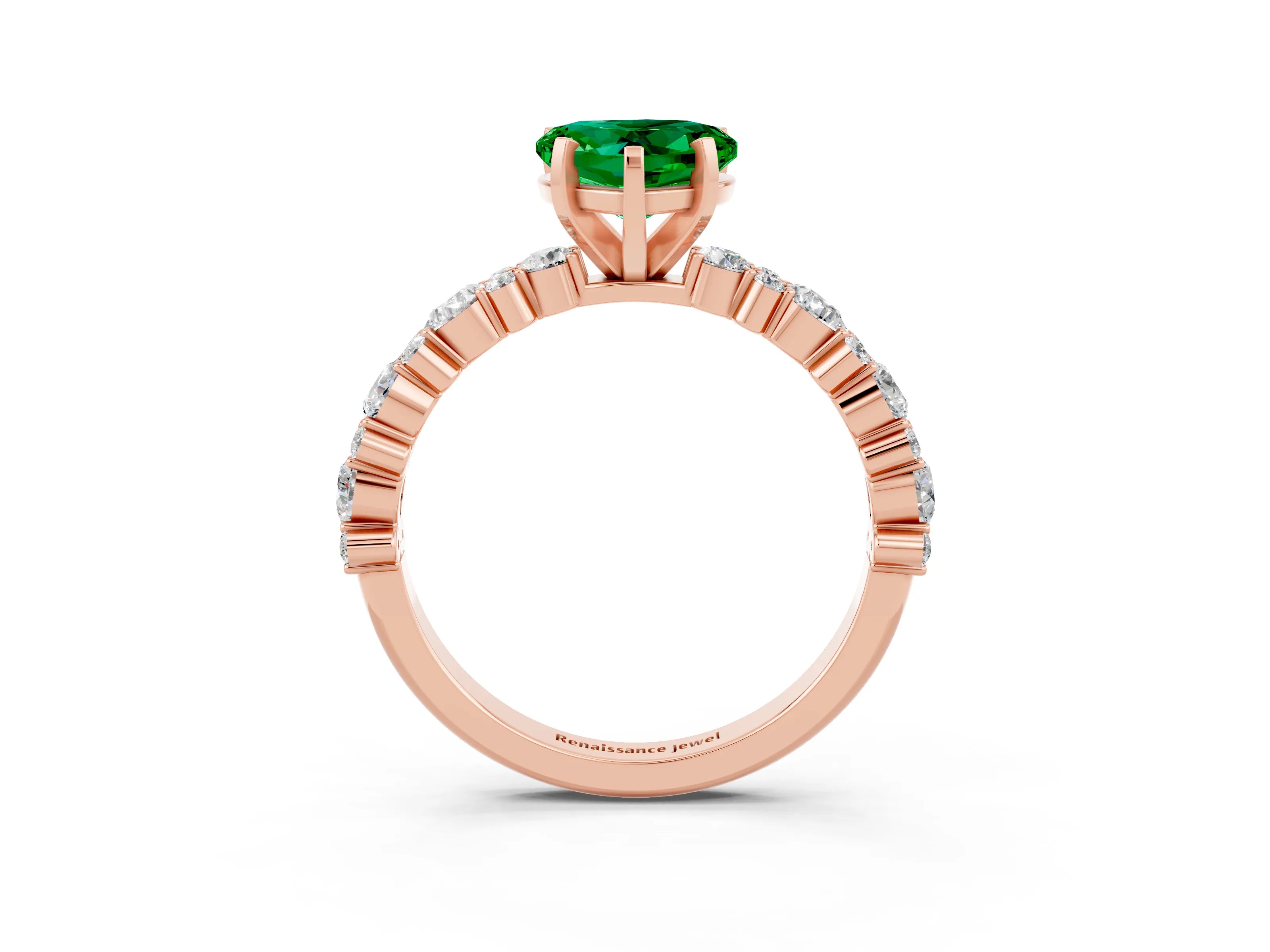 Rose gold Heart Cut Emerald Solitaire with Side Stones, Pave Band, Four-Prong Setting_27
