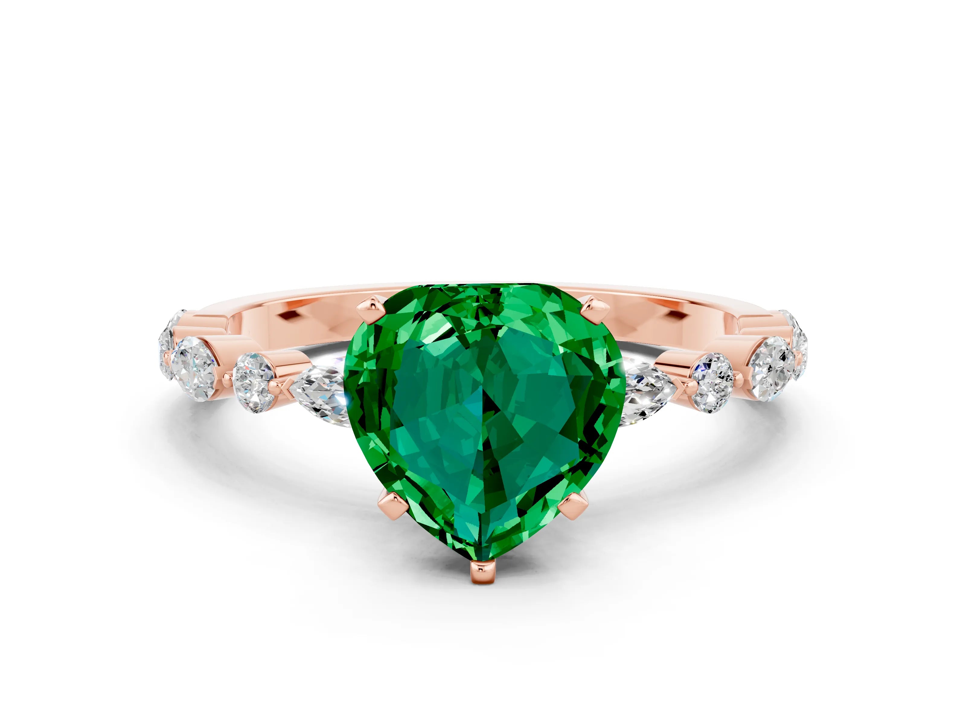 Rose gold Heart Cut Emerald Solitaire with Side Stones on a Pavé Band and Four-Prong Setting