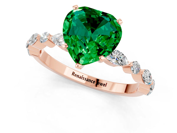 Rose gold Heart Cut Emerald Ring with Marquise and Round  Side Stones and Four-Prong Setting