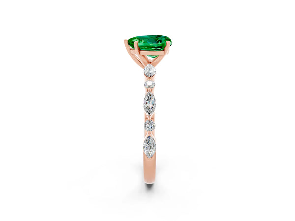 Rose gold Heart Cut Emerald Ring with Marquise and Round  Side Stones and Four-Prong Setting