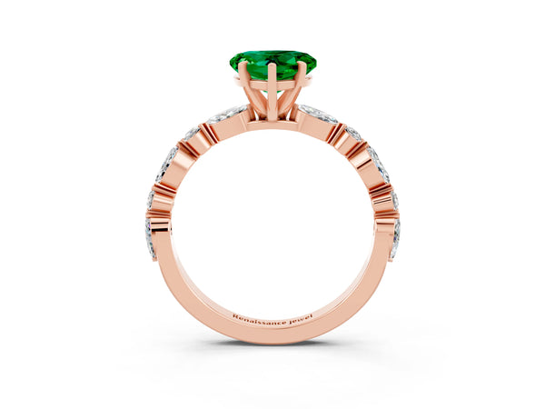 Rose gold Heart Cut Emerald Ring with Marquise and Round  Side Stones and Four-Prong Setting