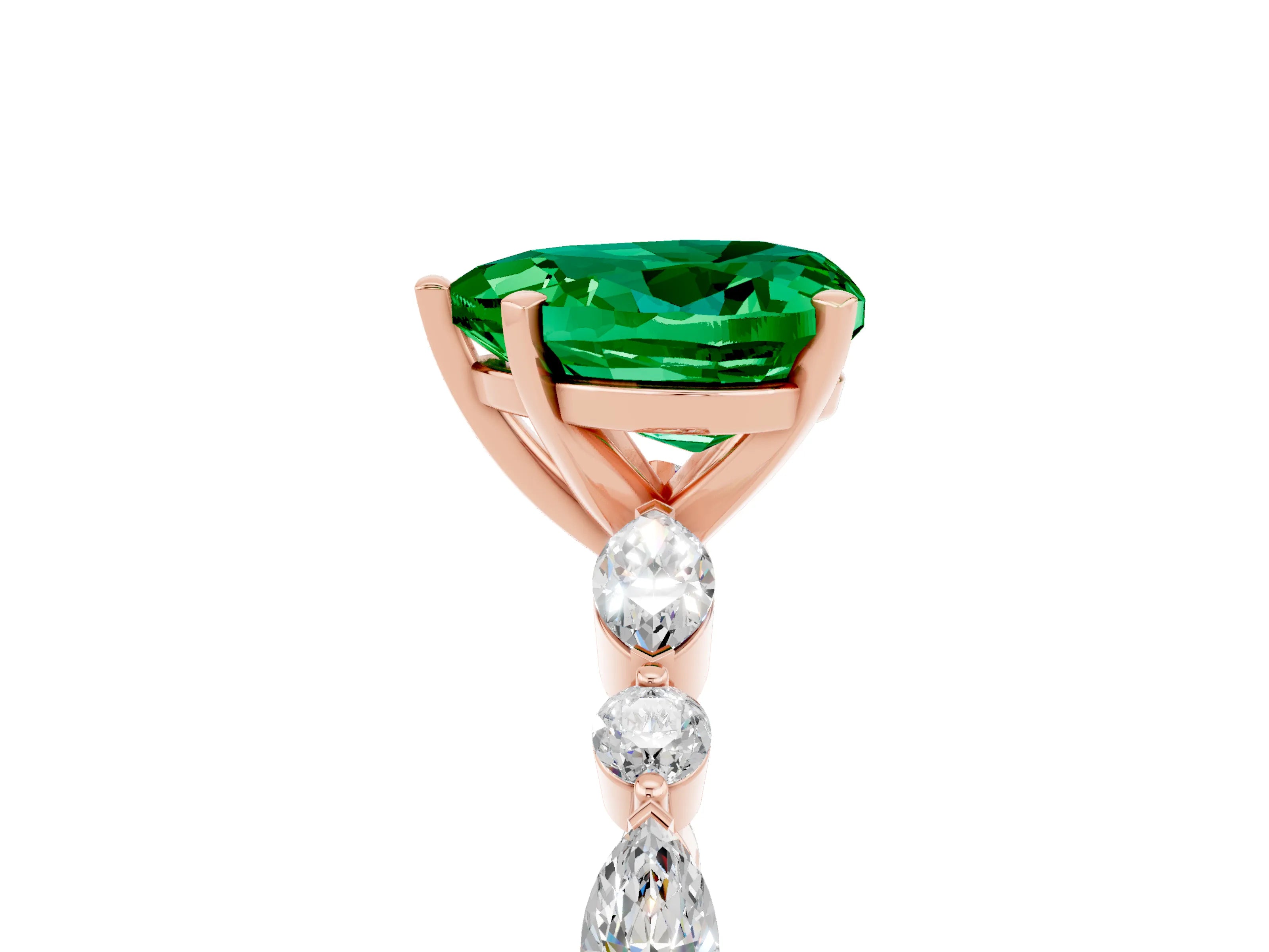 Rose gold Heart Cut Emerald Solitaire with Side Stones on a Pavé Band and Four-Prong Setting_5