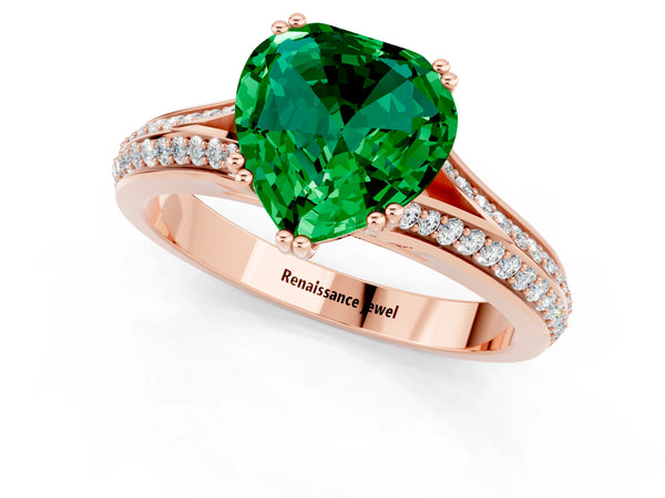Rose gold Heart Cut Emerald Split Shank Engagement Ring with Pavé Band