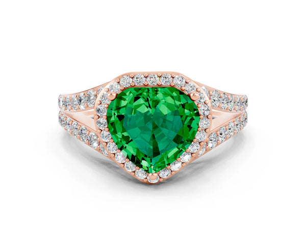 Rose gold Heart Cut Emerald Split Shank Halo Ring with Four-Prong Setting