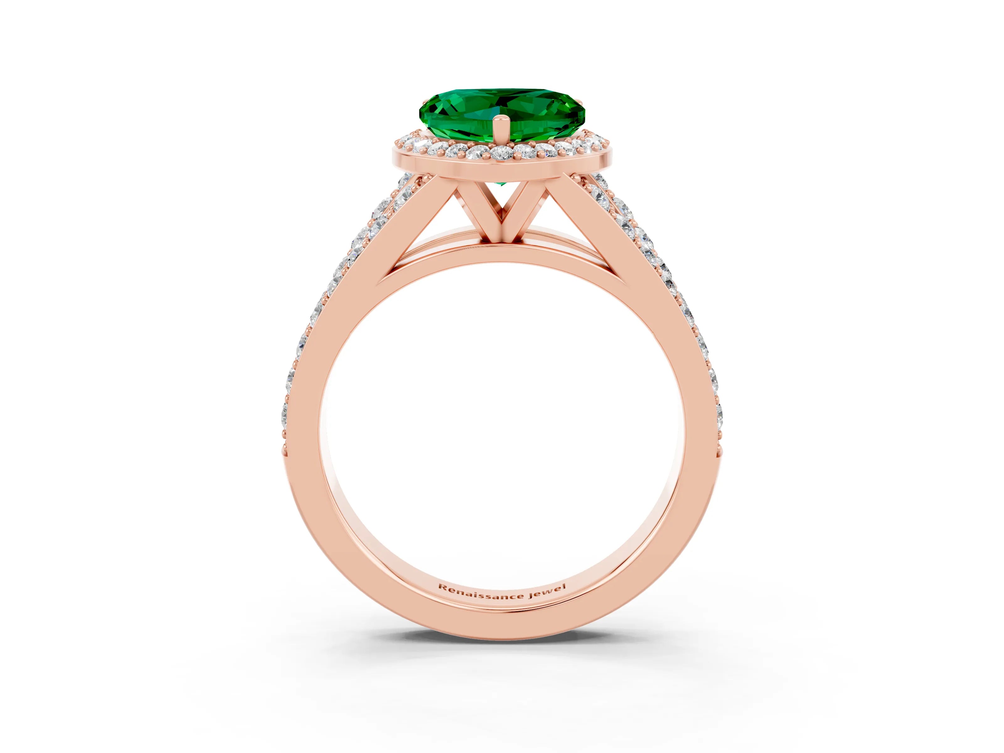 Rose gold Heart Cut Emerald Split Shank Halo Ring with Four-Prong Setting_15
