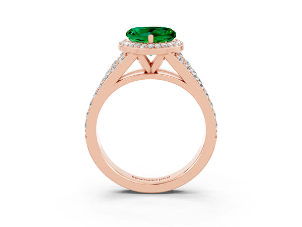 Rose gold Heart Cut Emerald Split Shank Halo Ring with Four-Prong Setting