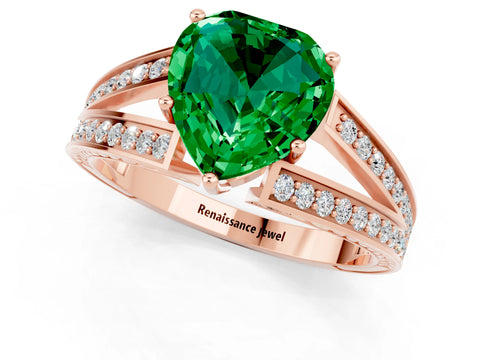 Rose gold Heart Cut Emerald Split Shank Ring with Pavé Band and Four-Prong Setting_1