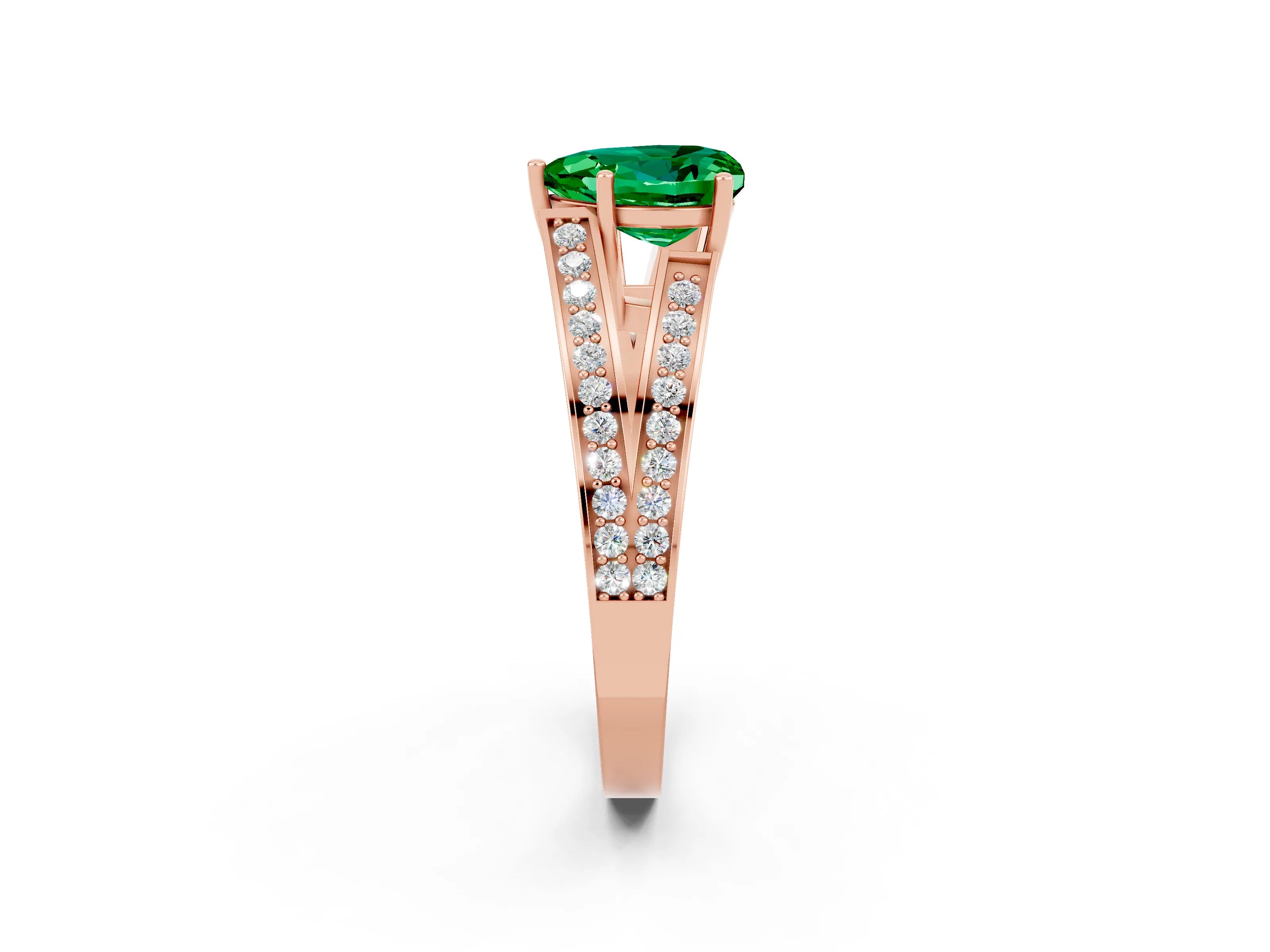 Rose gold Heart Cut Emerald Split Shank Ring with Pavé Band and Four-Prong Setting_2