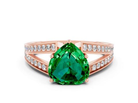 Rose gold Heart Cut Emerald Split Shank Ring with Pavé Band and Four-Prong Setting