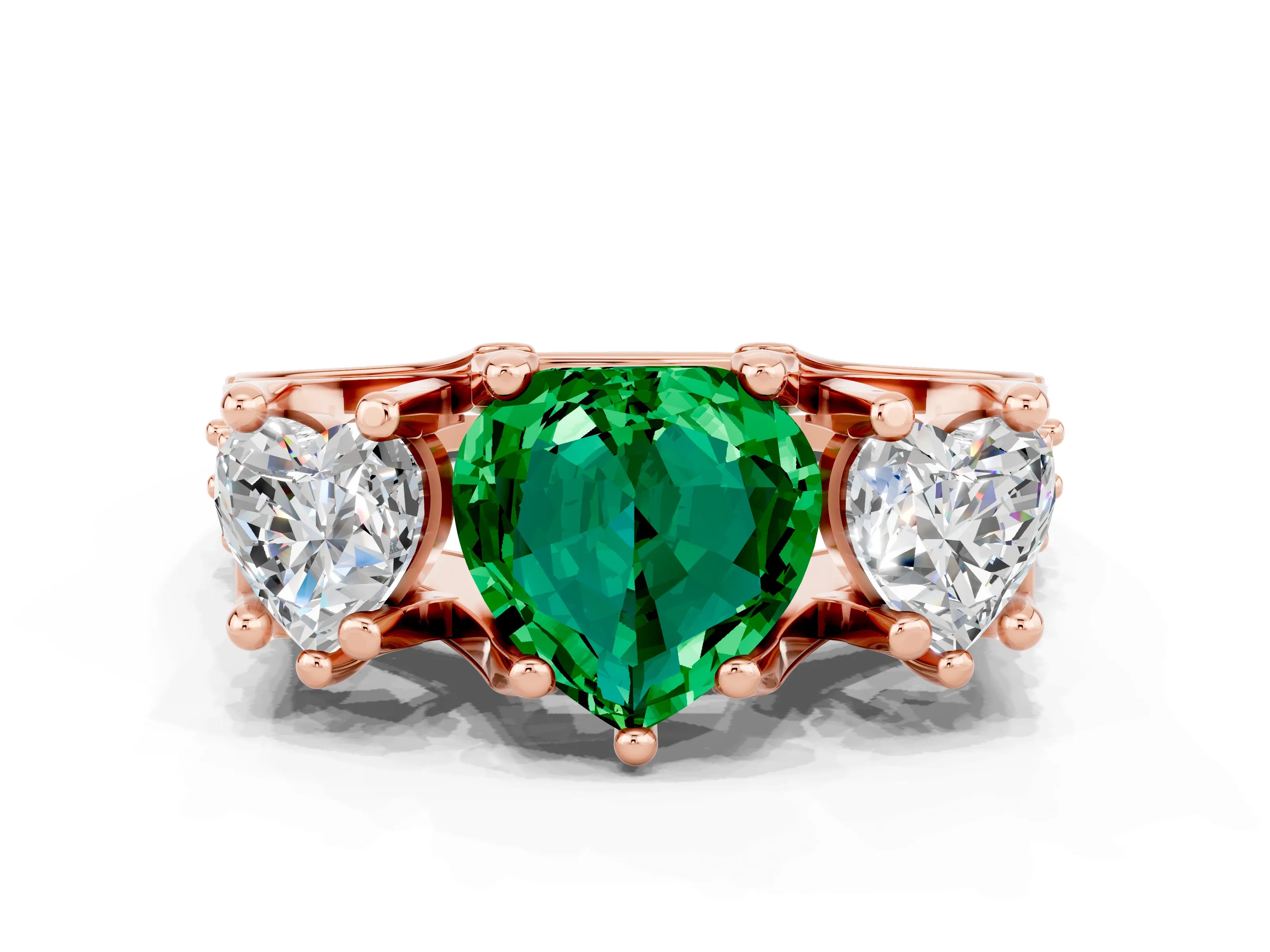 Rose gold Heart Cut Emerald Three-Stone Ring with Channel Set Band and Four-Prong Setting