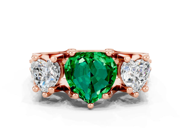 Rose gold Heart Cut Emerald Three-Stone Ring with Channel Set Band and Four-Prong Setting