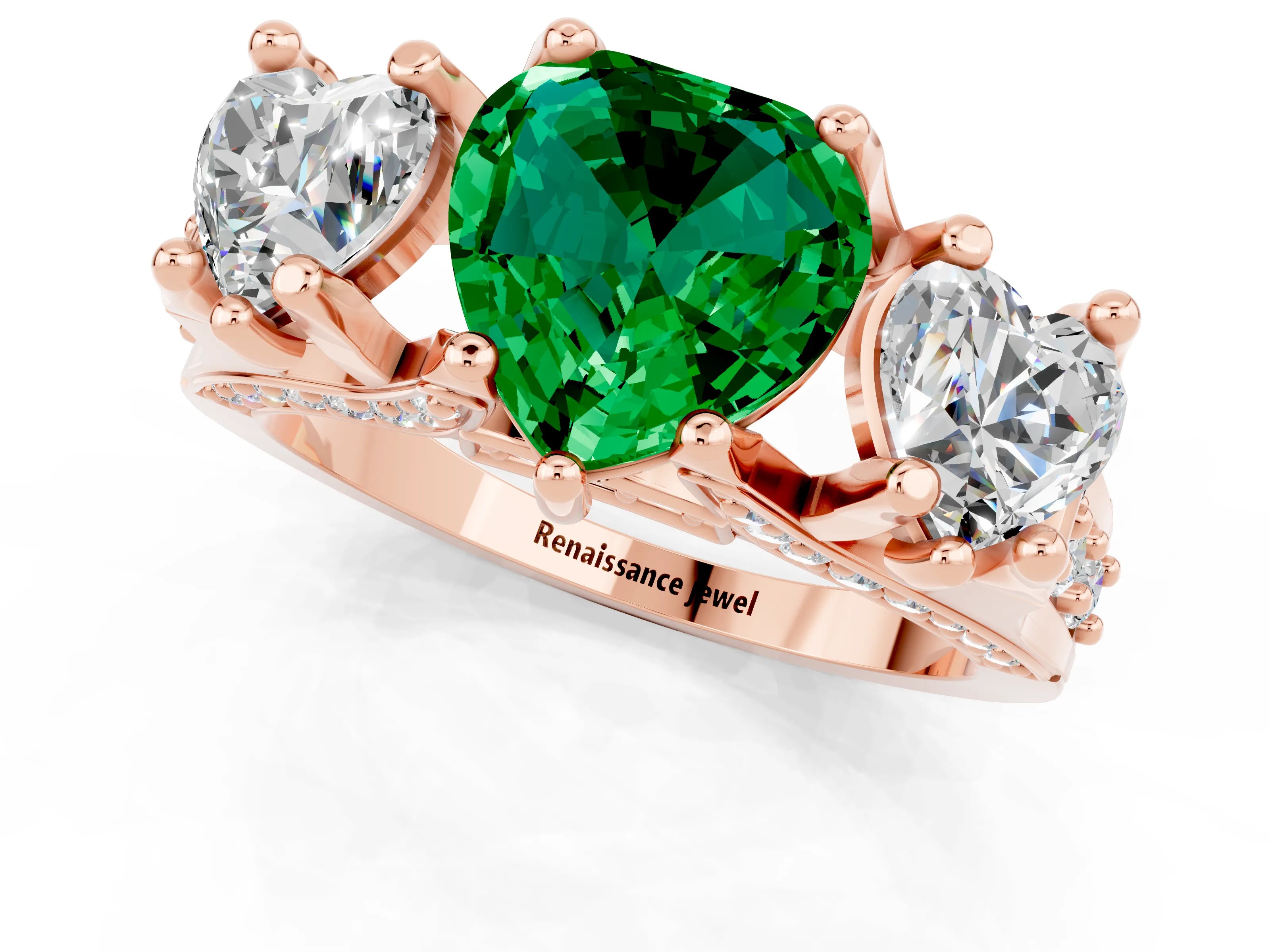 Rose gold Heart Cut Emerald Three-Stone Ring with Channel Set Band and Four-Prong Setting_1