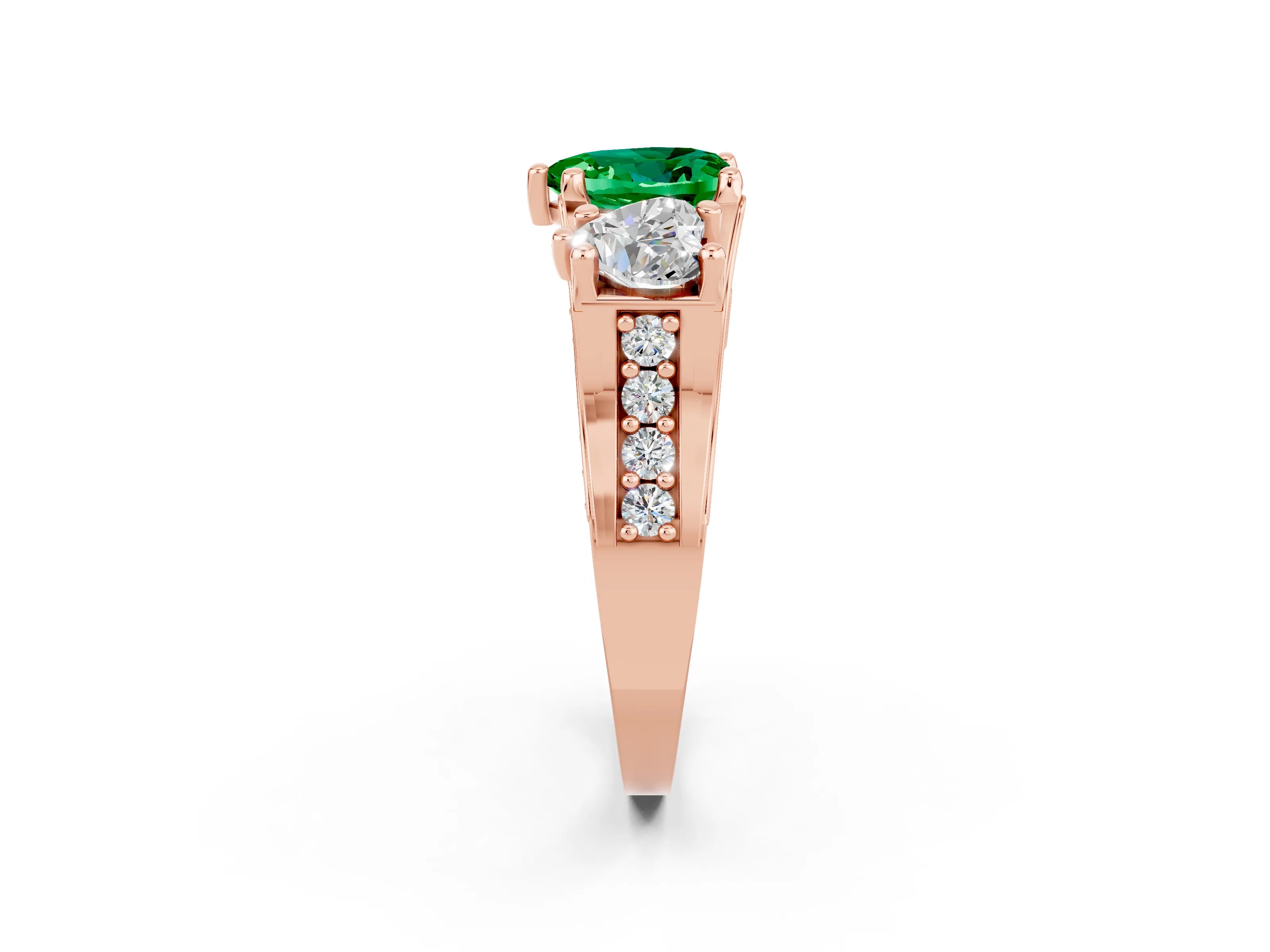 Rose gold Heart Cut Emerald Three-Stone Ring with Channel Set Band and Four-Prong Setting_2