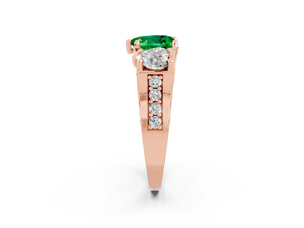 Rose gold Heart Cut Emerald Three-Stone Ring with Channel Set Band and Four-Prong Setting