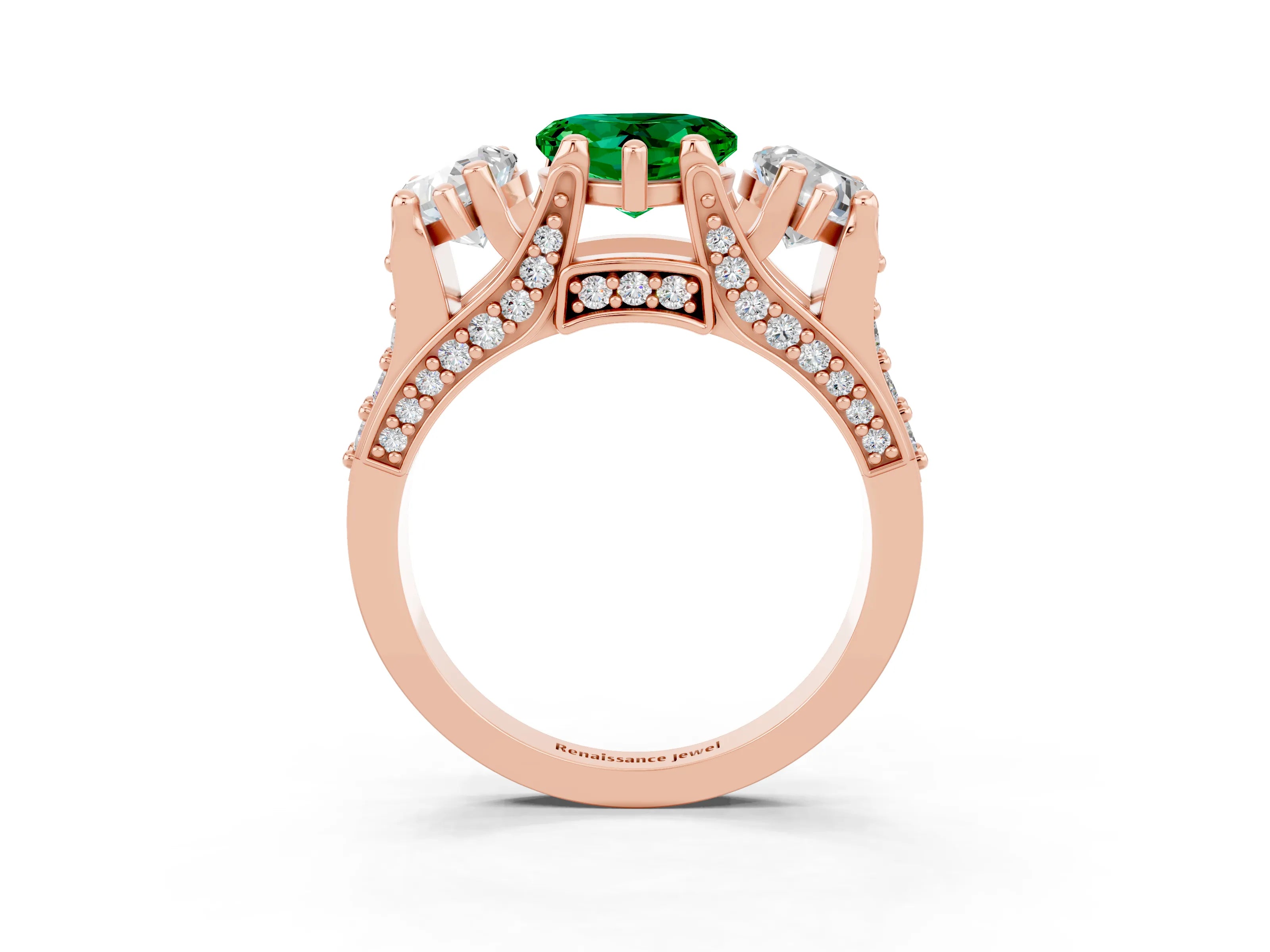 Rose gold Heart Cut Emerald Three-Stone Ring with Channel Set Band and Four-Prong Setting_3