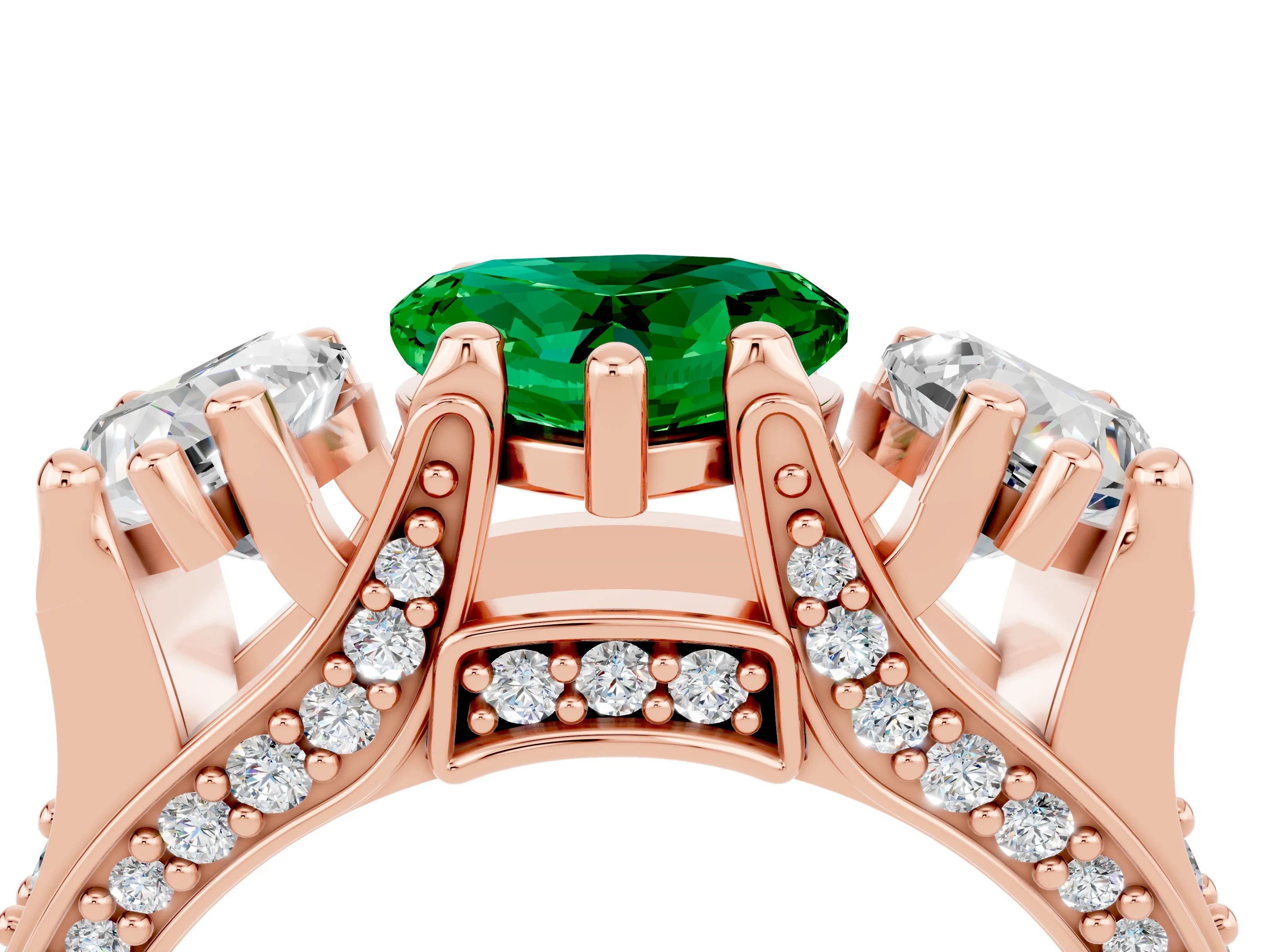 Rose gold Heart Cut Emerald Three-Stone Ring with Channel Set Band and Four-Prong Setting_4
