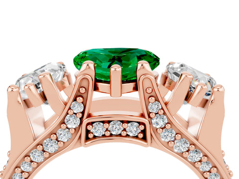 Rose gold Heart Cut Emerald Three-Stone Ring with Channel Set Band and Four-Prong Setting_4