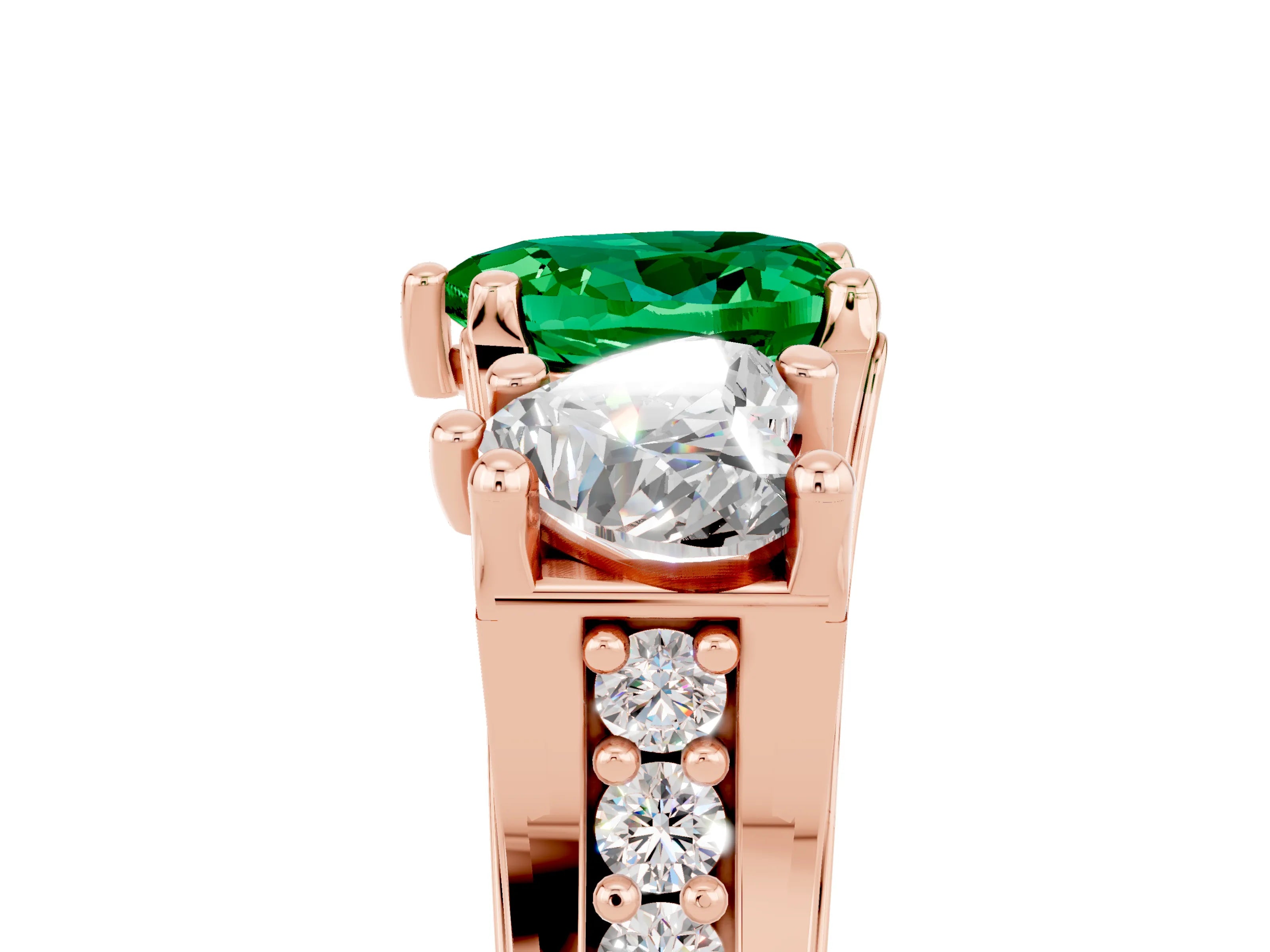 Rose gold Heart Cut Emerald Three-Stone Ring with Channel Set Band and Four-Prong Setting_5