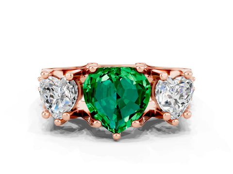 Rose gold Heart Cut Emerald Three-Stone Ring with Channel Set Band and Four-Prong Setting