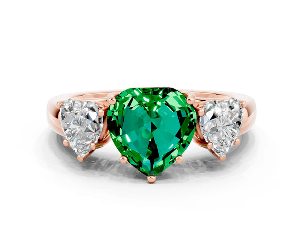 Rose gold Heart Cut Emerald Three-Stone Ring with Four-Prong Setting and Classic Band