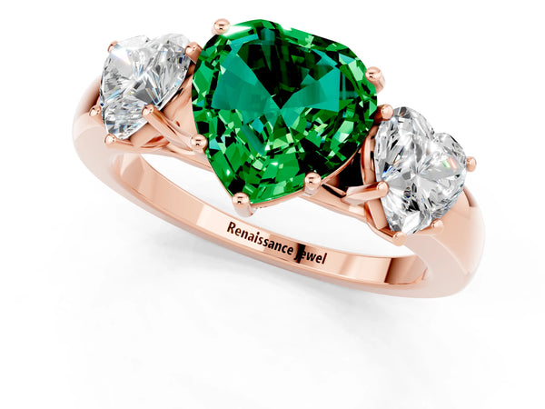 Rose gold Heart Cut Emerald Three-Stone Ring with Four-Prong Setting and Classic Band