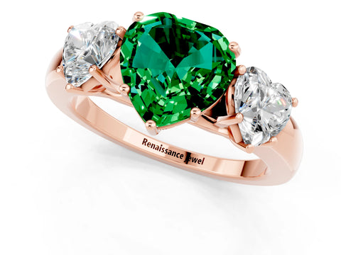Rose gold Heart Cut Emerald Three-Stone Ring with Four-Prong Setting and Classic Band_1