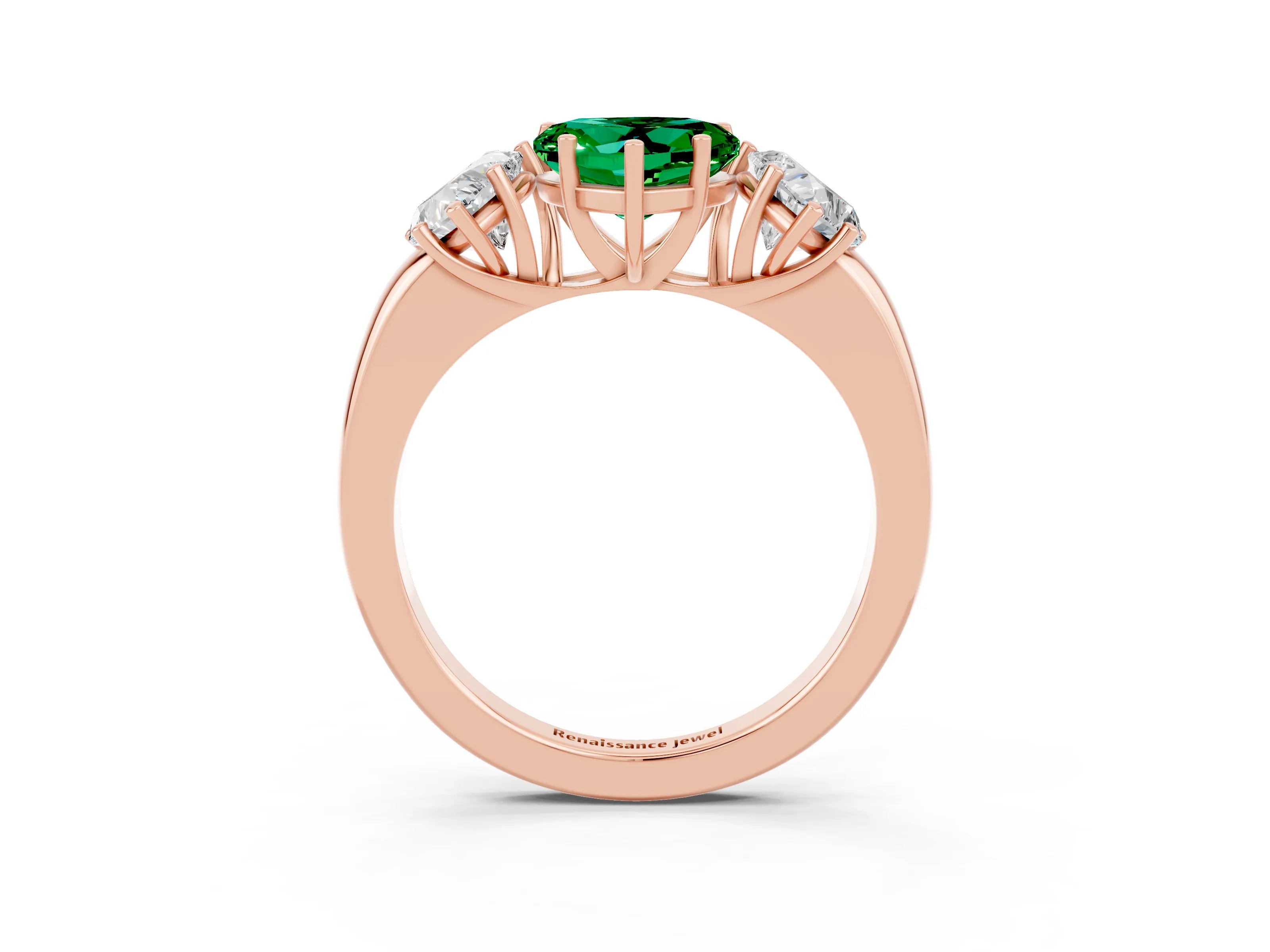 Rose gold Heart Cut Emerald Three-Stone Ring with Four-Prong Setting and Classic Band_3