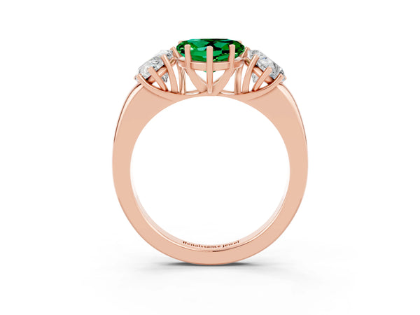 Rose gold Heart Cut Emerald Three-Stone Ring with Four-Prong Setting and Classic Band