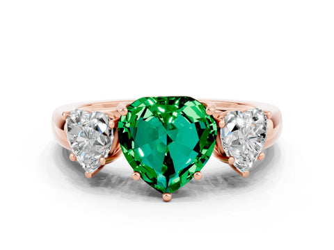 Rose gold Heart Cut Emerald Three-Stone Ring with Four-Prong Setting and Classic Band