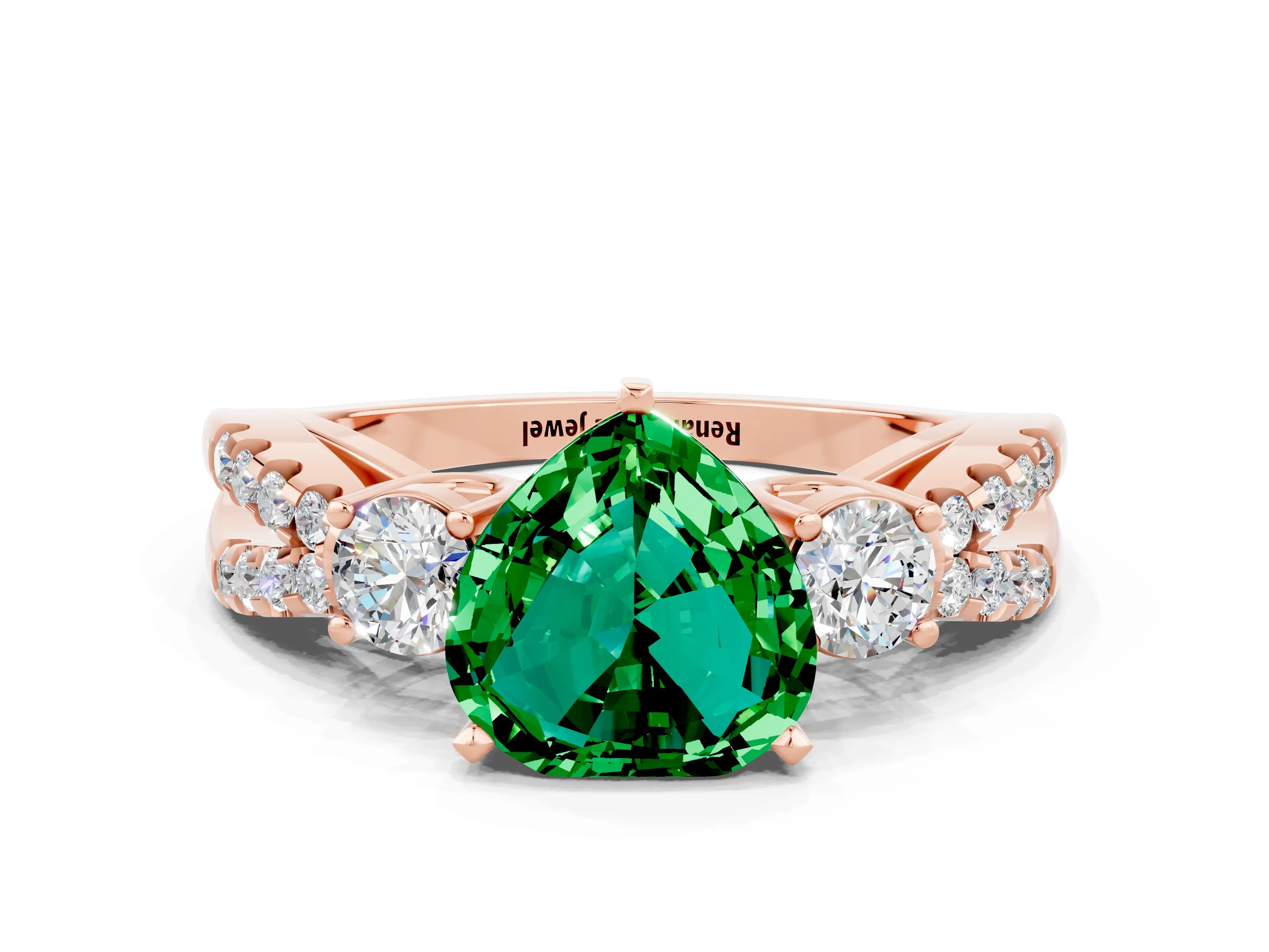 Rose gold Heart Cut Emerald Three-Stone Ring with Pavé Split Shank and Four-Prong Setting