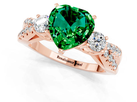 Rose gold Heart Cut Emerald Three-Stone Ring with Pavé Split Shank and Four-Prong Setting_1