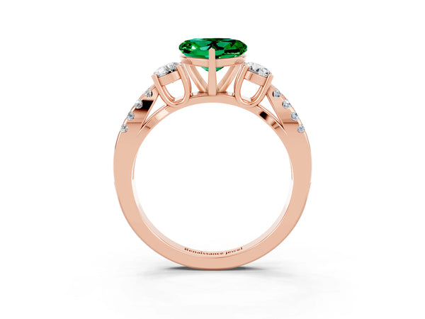 Rose gold Heart Cut Emerald Three-Stone Ring with Pavé Split Shank and Four-Prong Setting