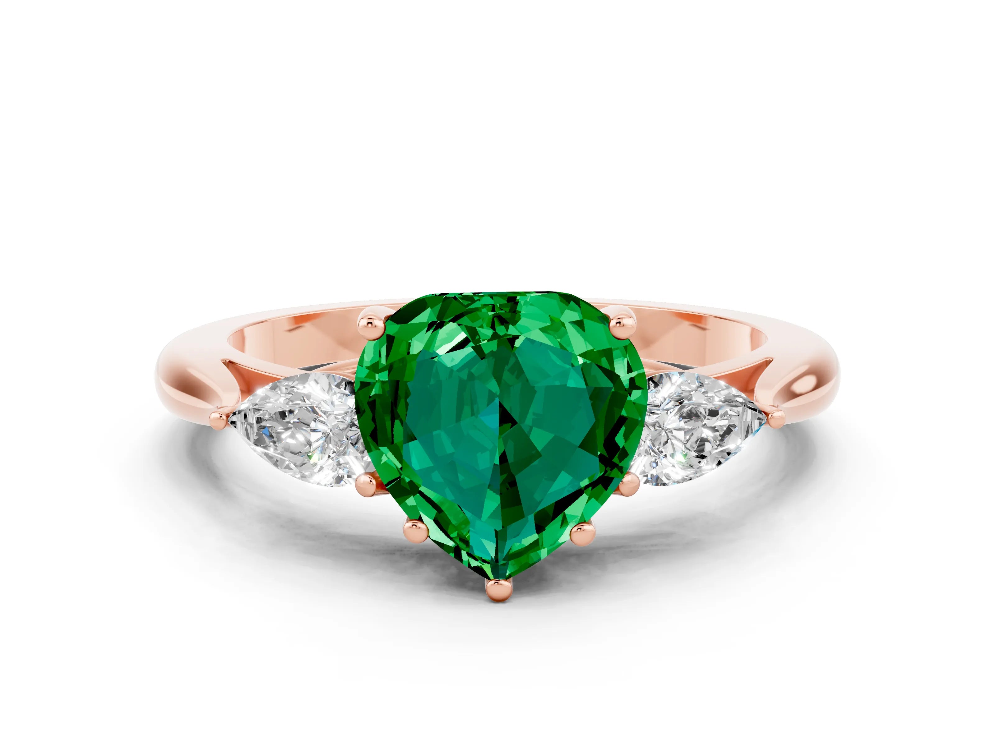 Rose gold Heart Cut Emerald Three-Stone Ring with Pear Side Stones and Four-Prong Setting_12