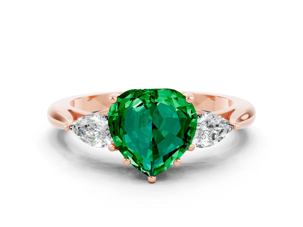 Rose gold Heart Cut Emerald Three-Stone Ring with Pear  Side Stones and Prong Setting