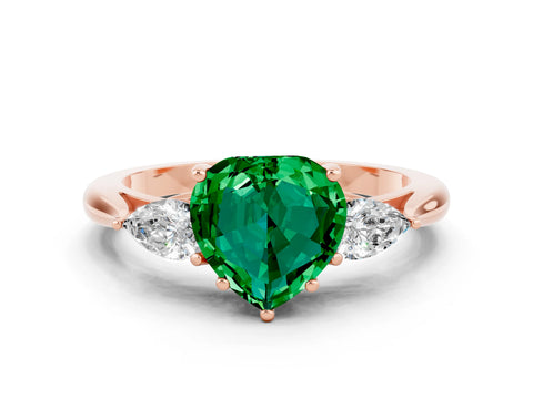 Rose gold Heart Cut Emerald Three-Stone Ring with Pear Side Stones and Four-Prong Setting_12