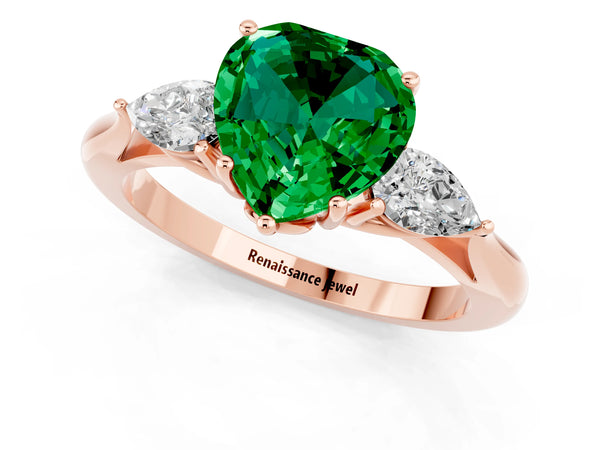 Rose gold Heart Cut Emerald Three-Stone Ring with Pear  Side Stones and Prong Setting